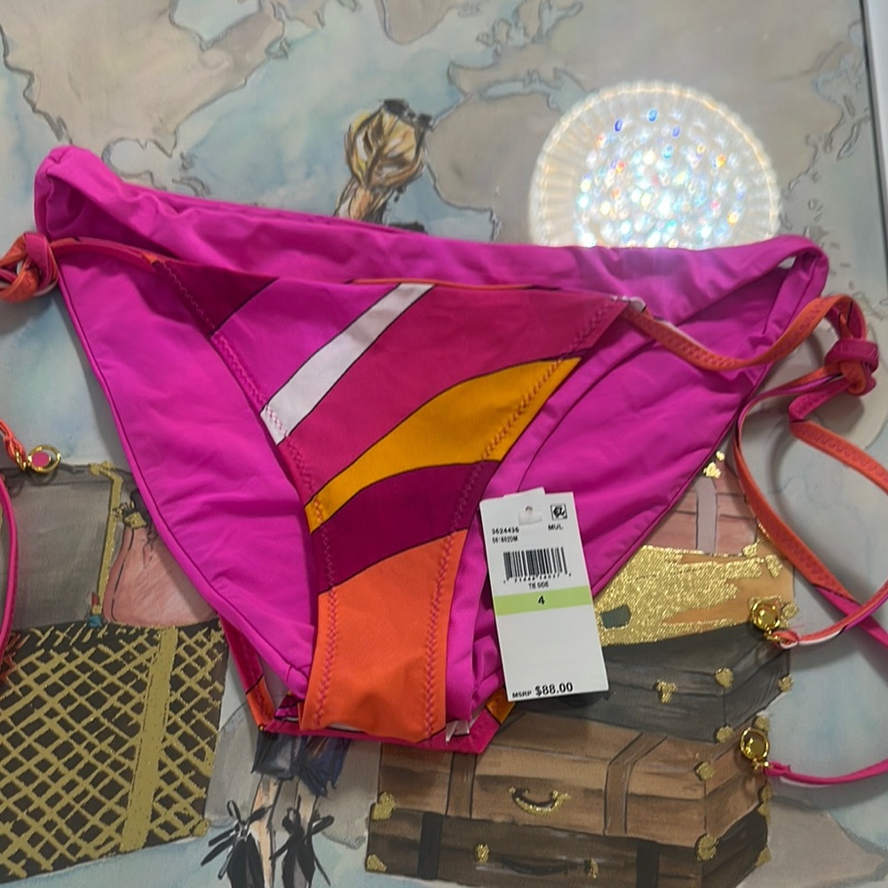 Trina Turk Vivid Vista Layered Tie Side Pink and Orange Bikini Bottom Size 4 NWT - Picture 2 of 11